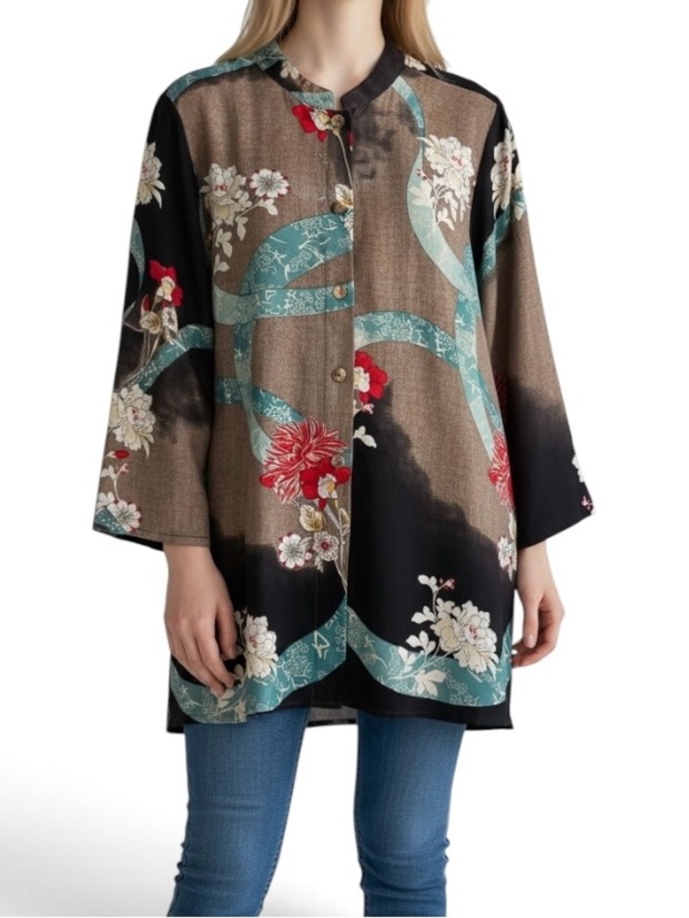 Citron Santa Monica Flowers and Swirls Boho Tunic Silk Blouse Top Size X-Large